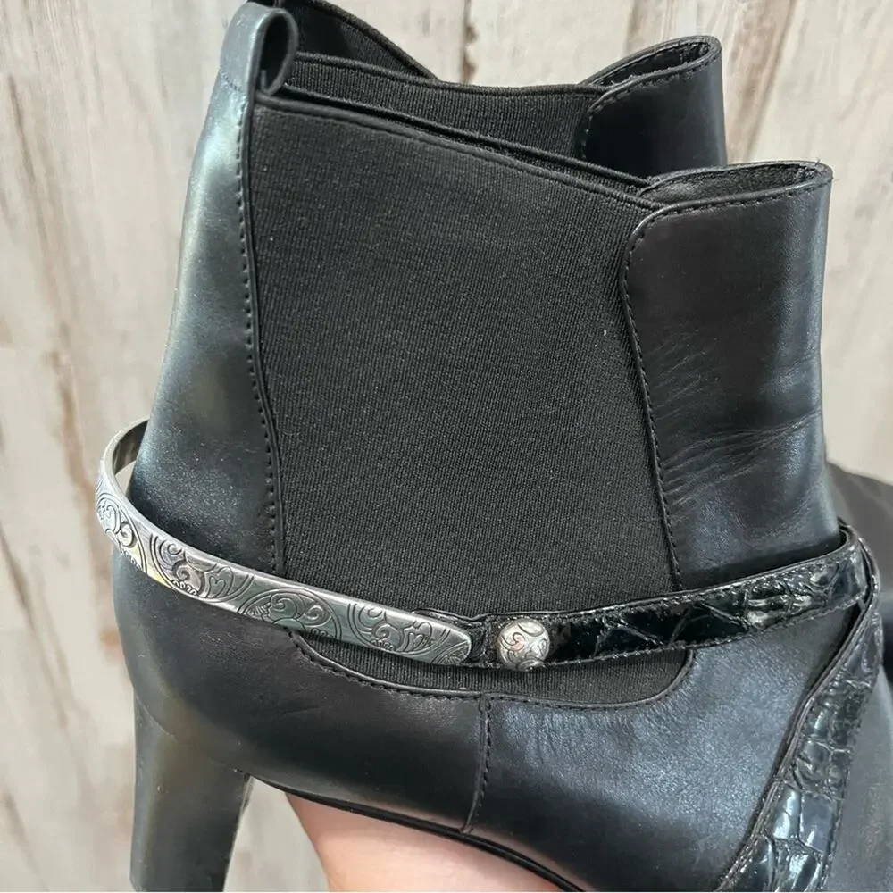Brighton Black Leather Croc Western Booties Square Toe Womens 8.5 Motorcycle